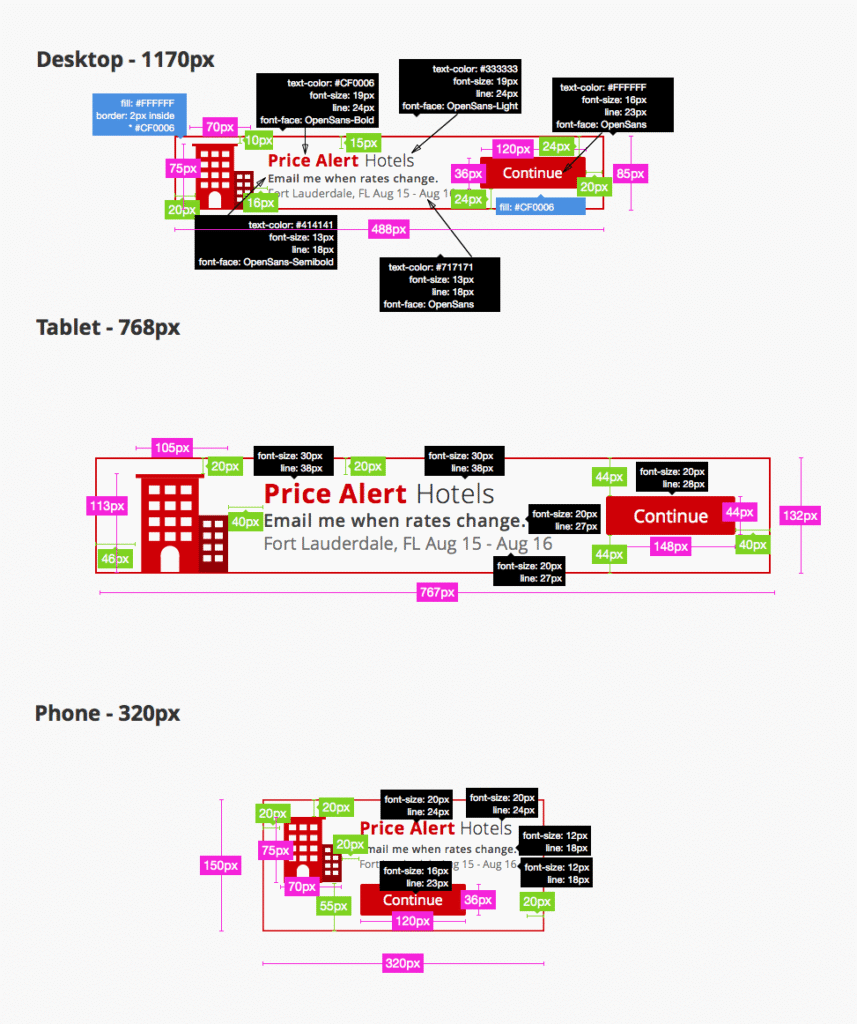 Pixel size markup of Hotwire design elements