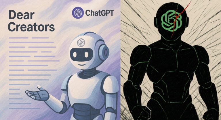 ChatGPT - Dear Creators letter and smiling Robot alongside a Robot with their fists clenched.