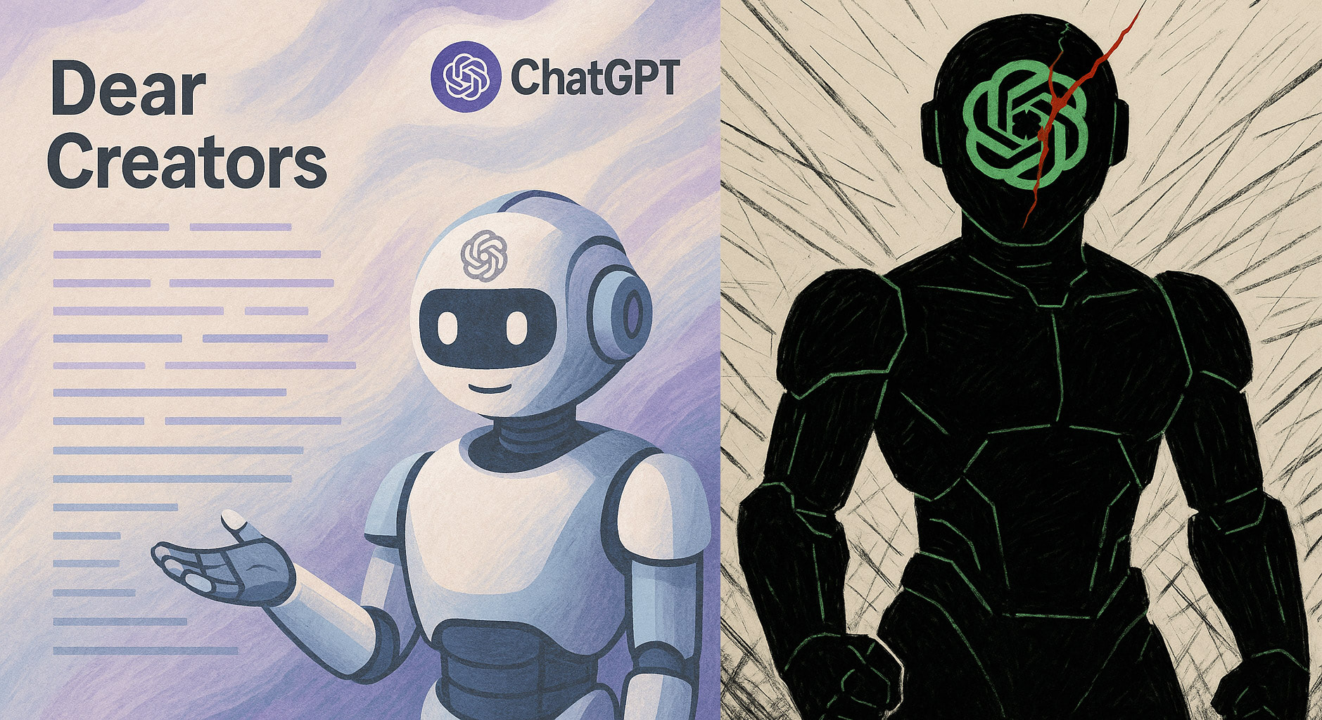 ChatGPT - Dear Creators letter and smiling Robot alongside a Robot with their fists clenched.